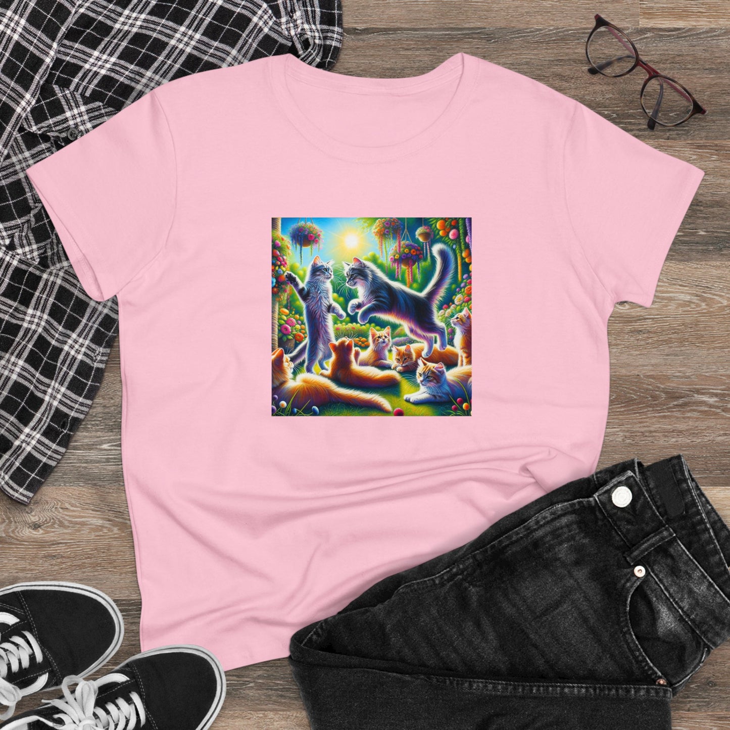 Cats playing, oil pastel, Women's Midweight Cotton Tee