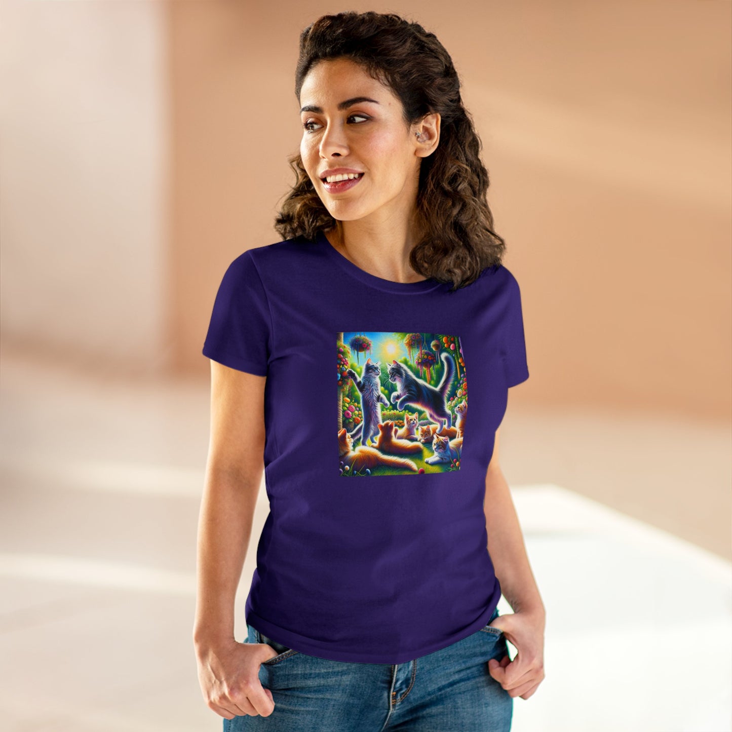 Cats playing, oil pastel, Women's Midweight Cotton Tee
