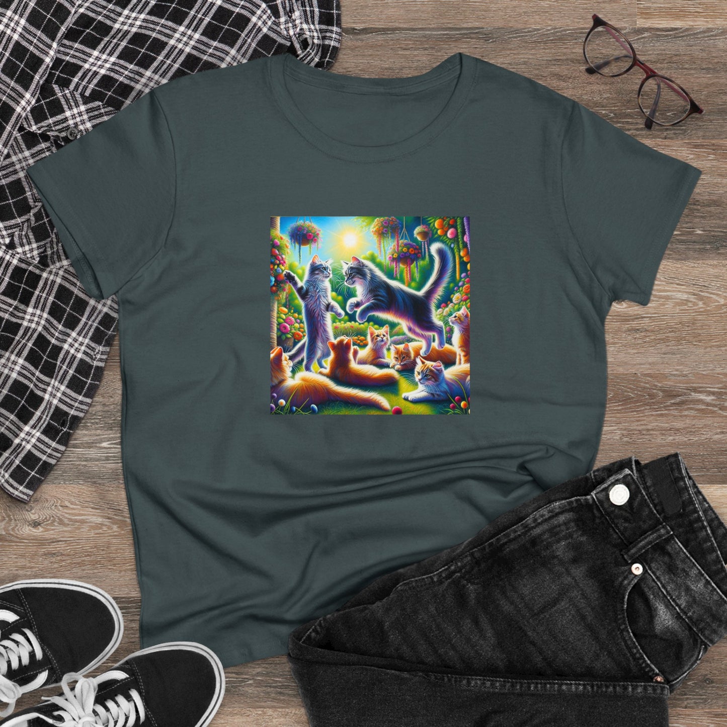 Cats playing, oil pastel, Women's Midweight Cotton Tee