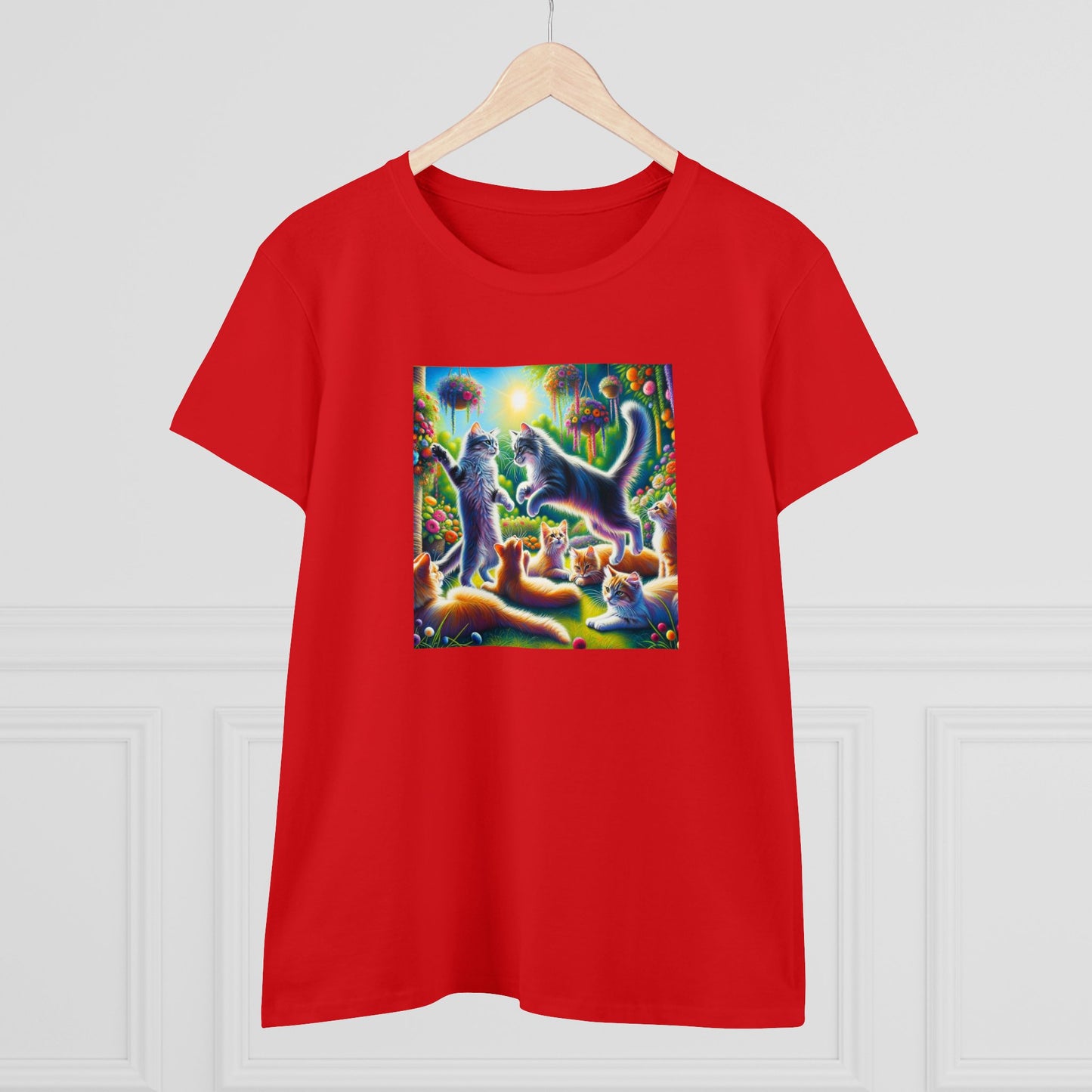 Cats playing, oil pastel, Women's Midweight Cotton Tee
