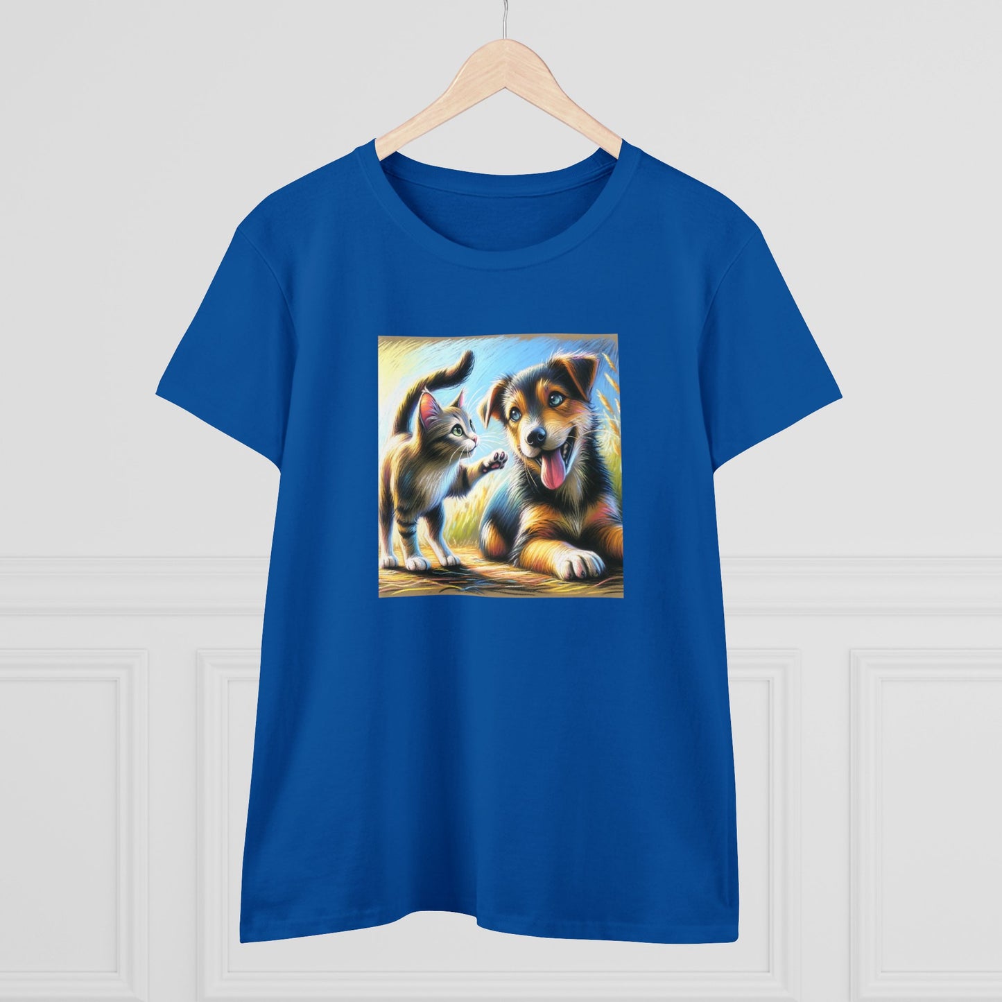 Cat playing with dog, oil pastel, Women's Midweight Cotton Tee