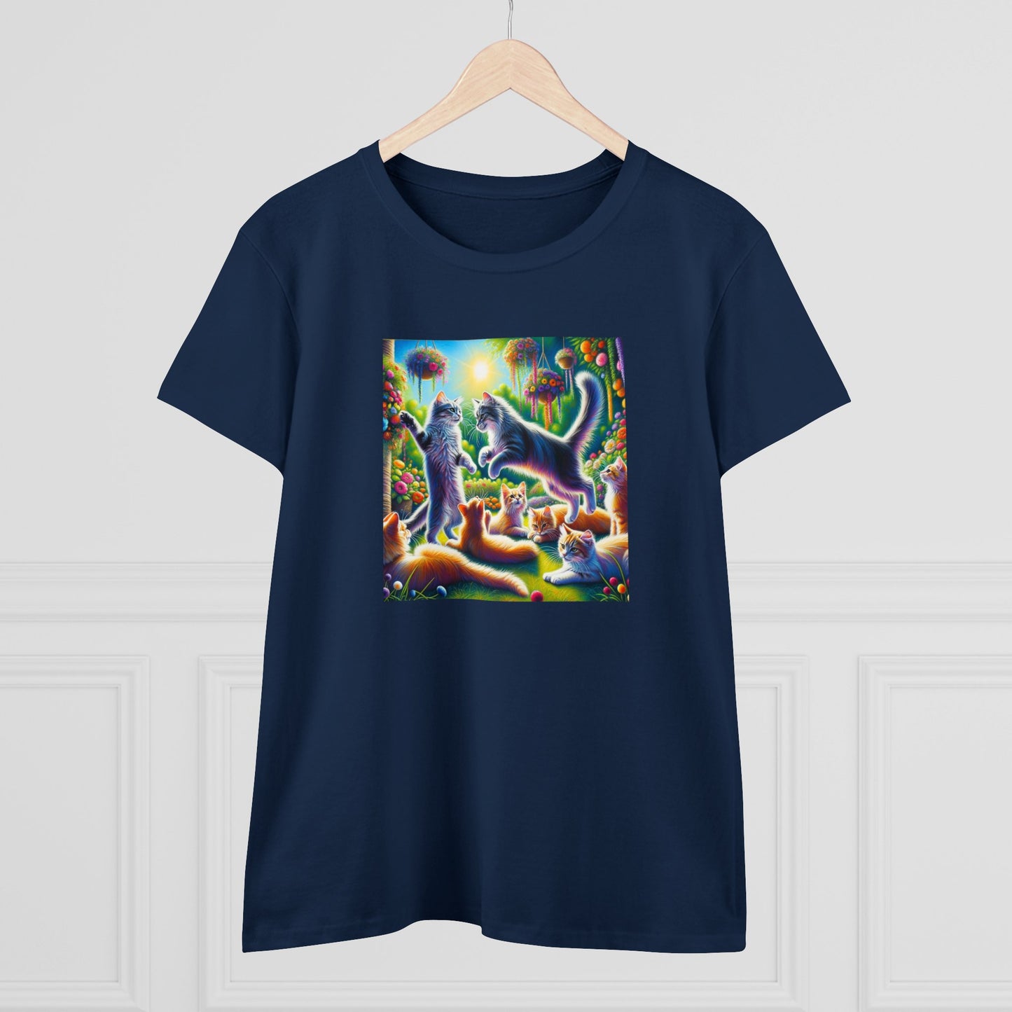 Cats playing, oil pastel, Women's Midweight Cotton Tee