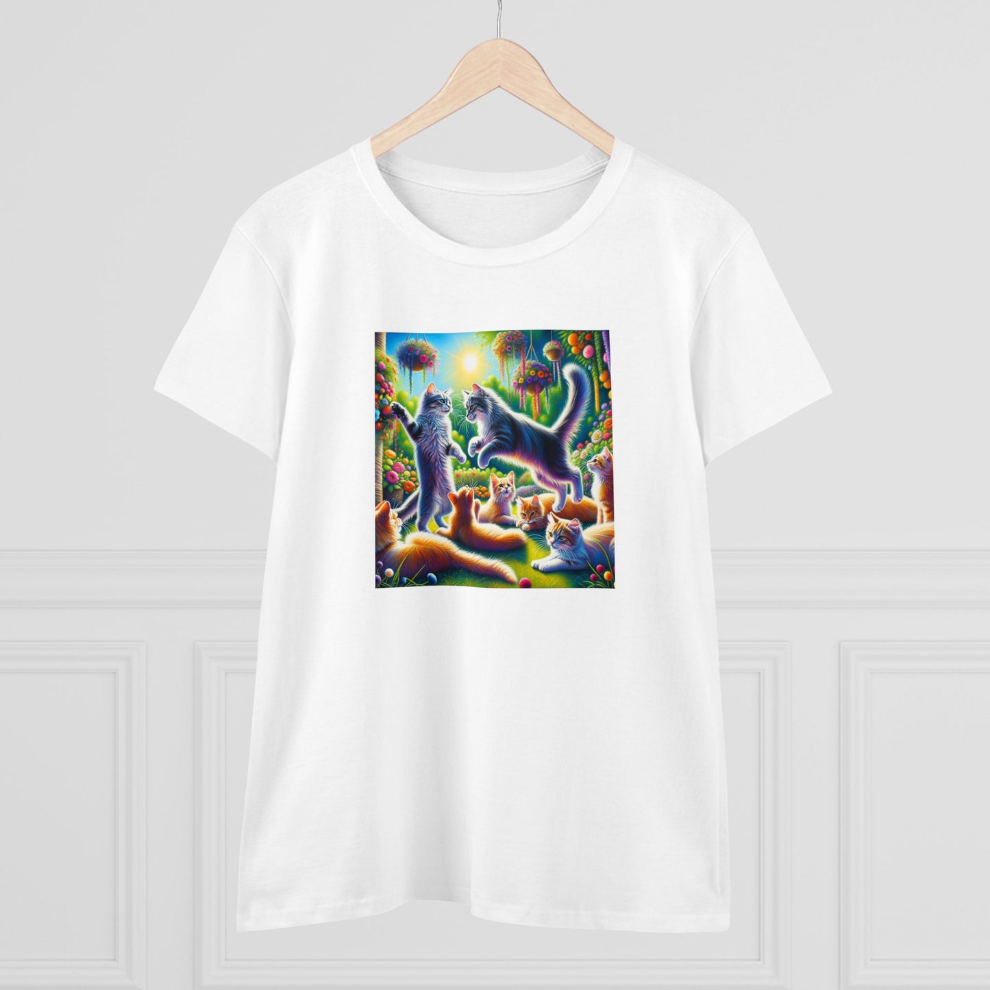 Cats playing, oil pastel, Women's Midweight Cotton Tee