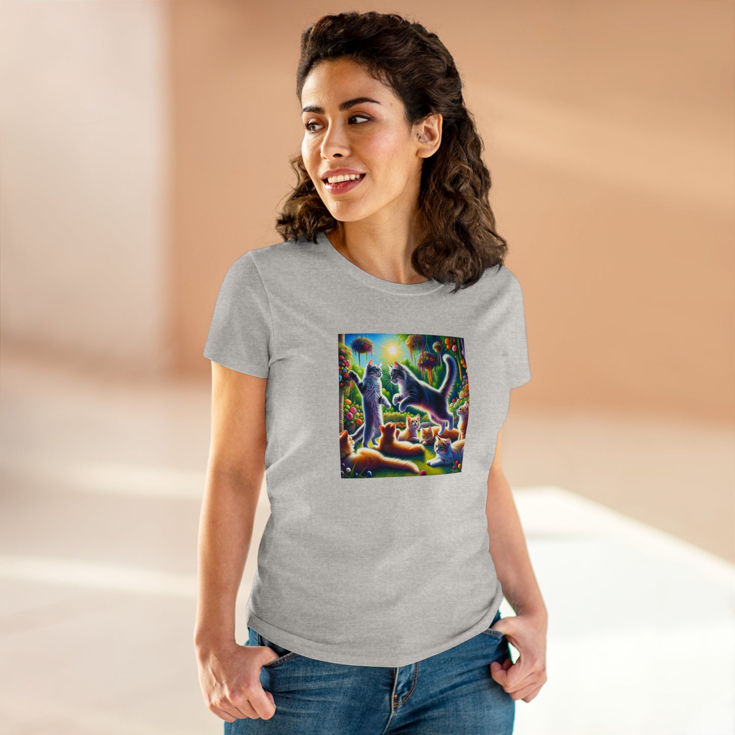 Cats playing, oil pastel, Women's Midweight Cotton Tee