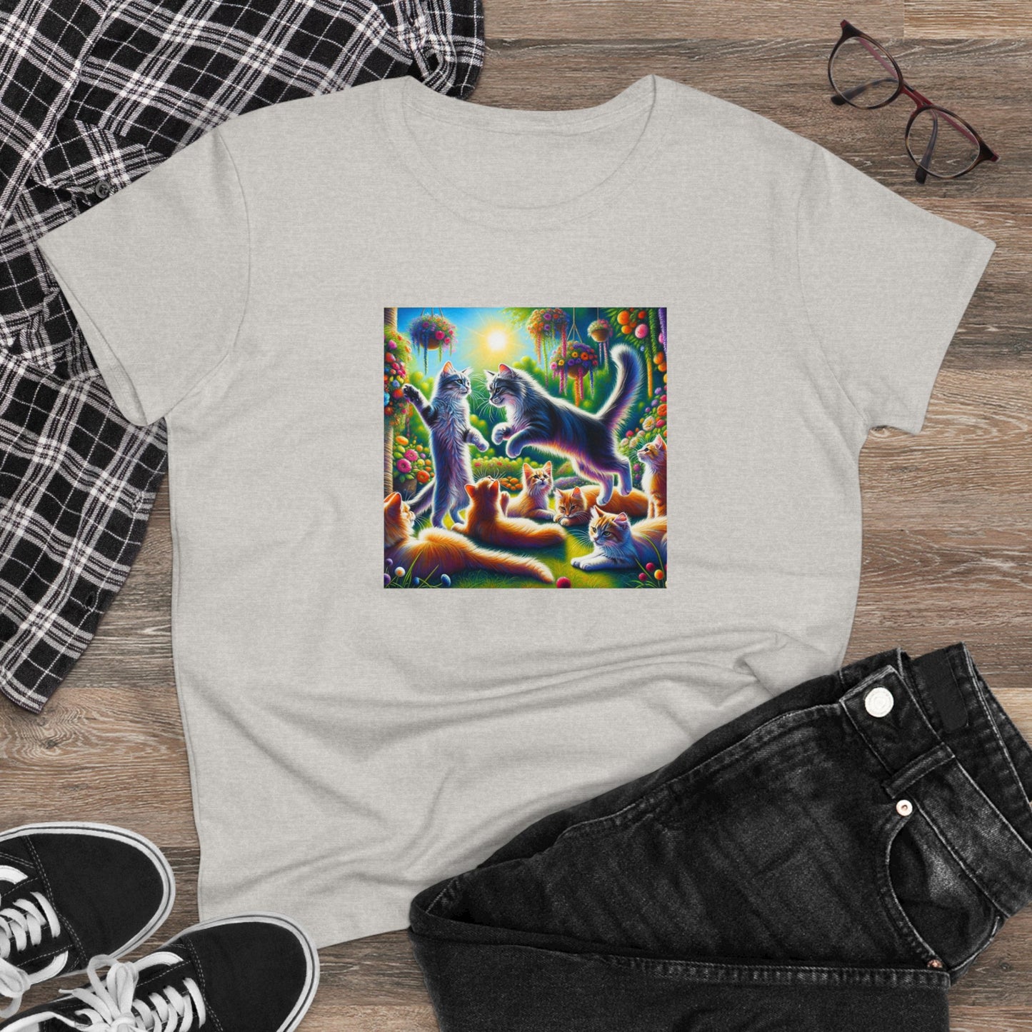 Cats playing, oil pastel, Women's Midweight Cotton Tee