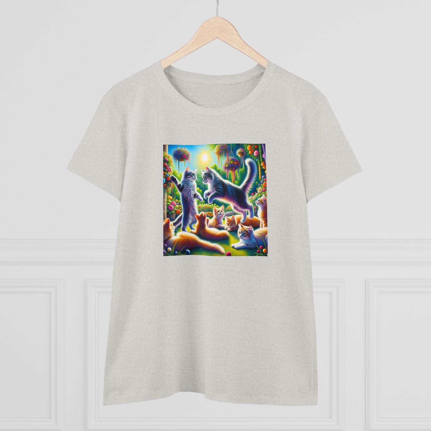 Cats playing, oil pastel, Women's Midweight Cotton Tee