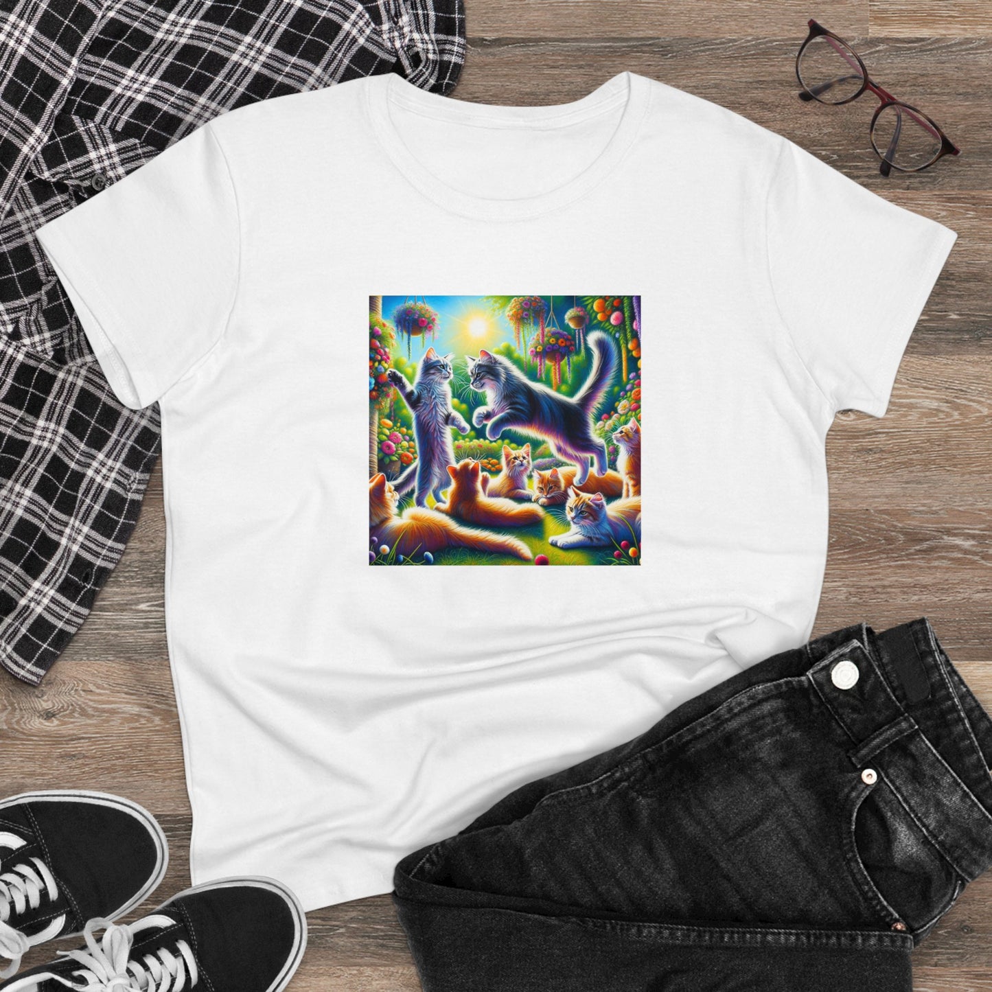Cats playing, oil pastel, Women's Midweight Cotton Tee