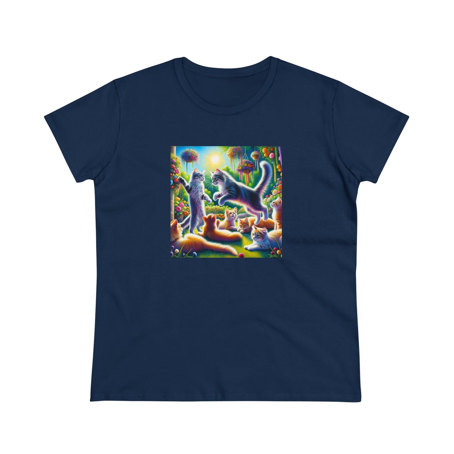 Cats playing, oil pastel, Women's Midweight Cotton Tee