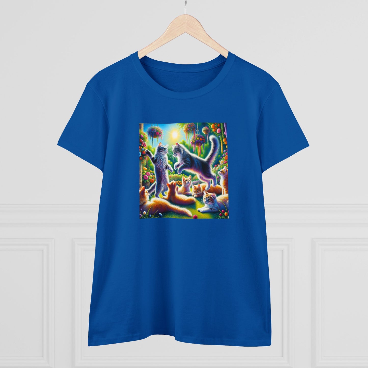 Cats playing, oil pastel, Women's Midweight Cotton Tee