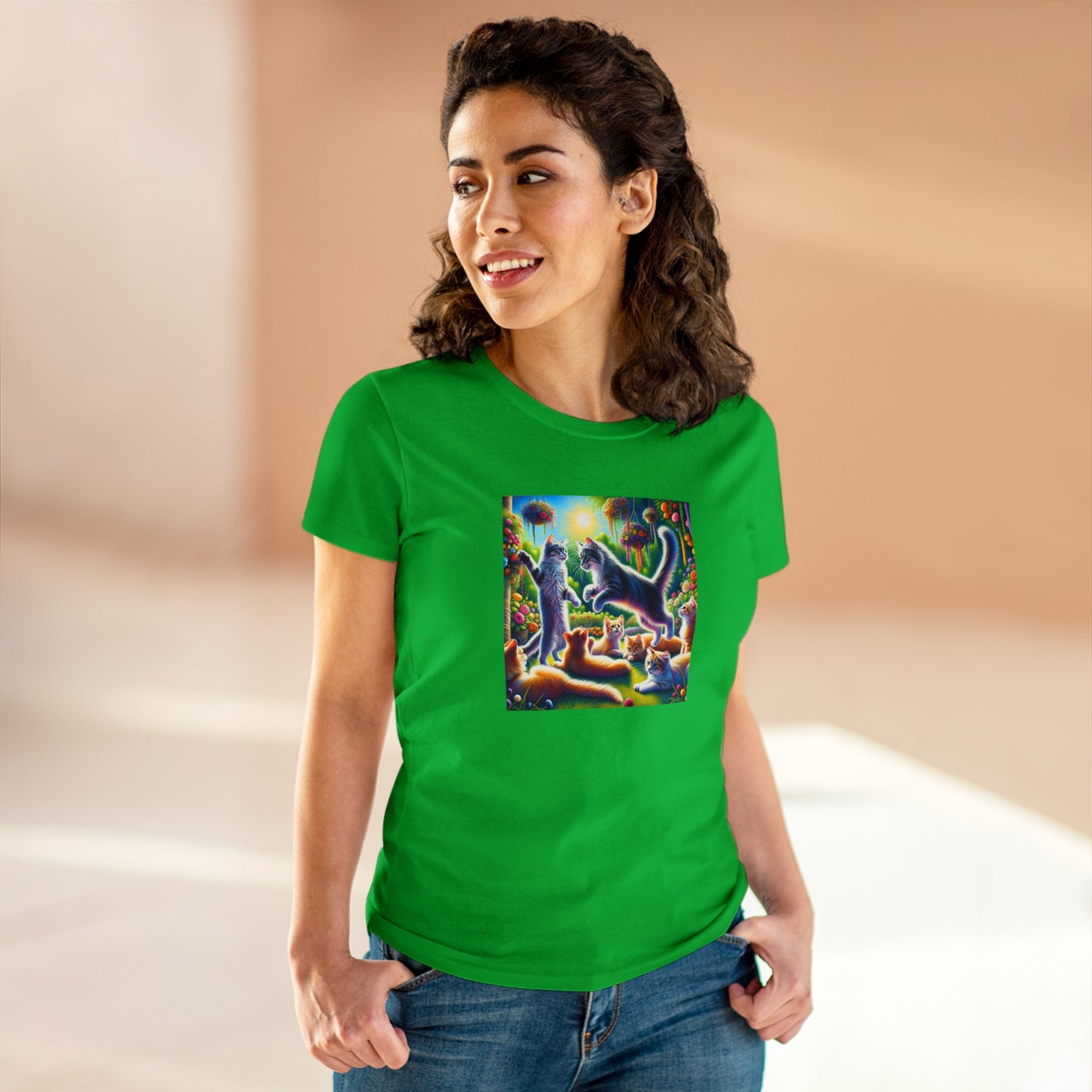 Cats playing, oil pastel, Women's Midweight Cotton Tee