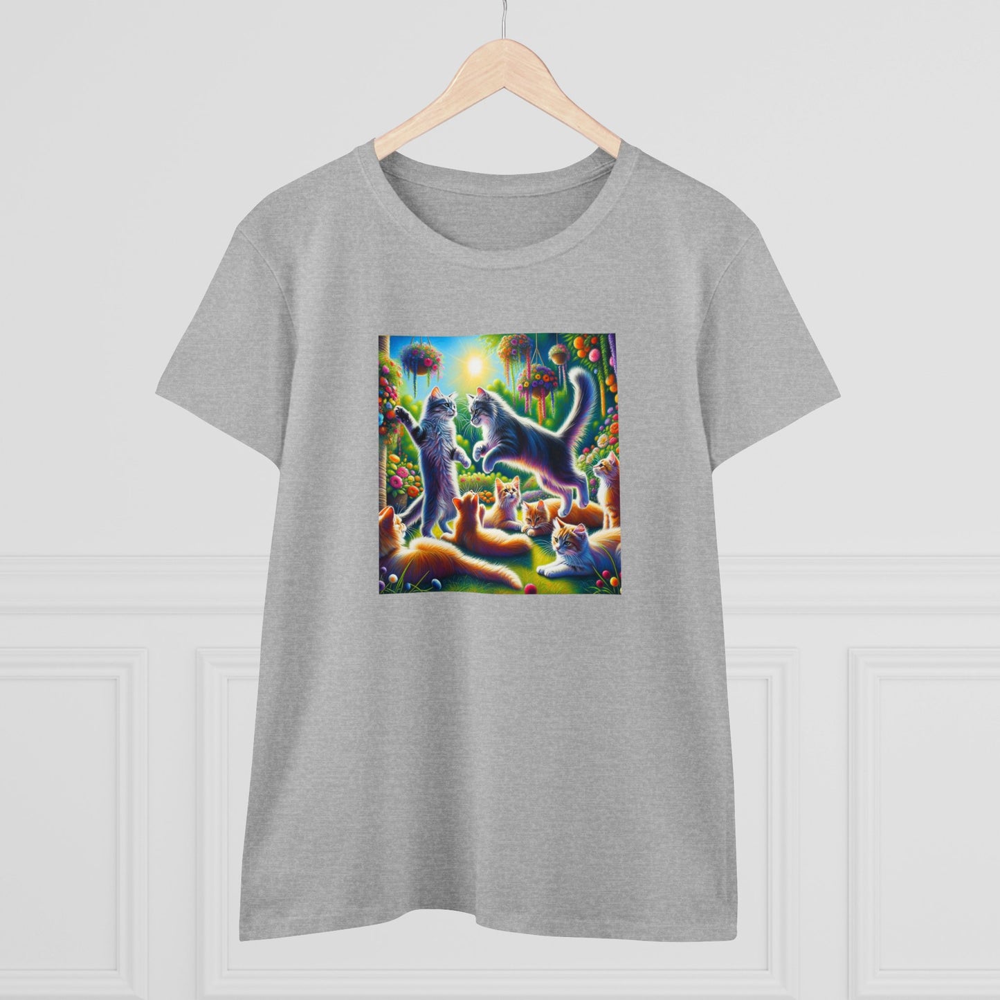 Cats playing, oil pastel, Women's Midweight Cotton Tee