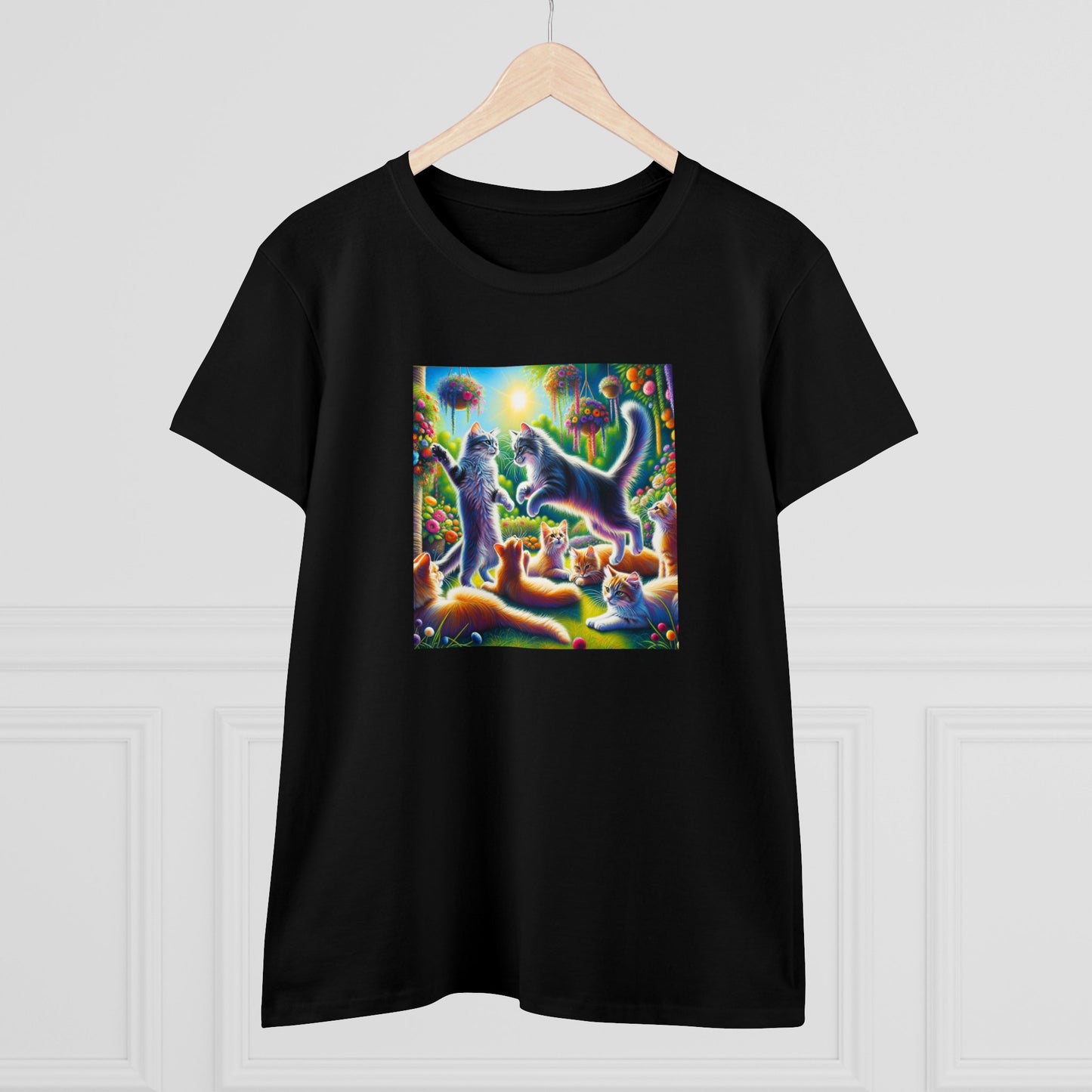 Cats playing, oil pastel, Women's Midweight Cotton Tee