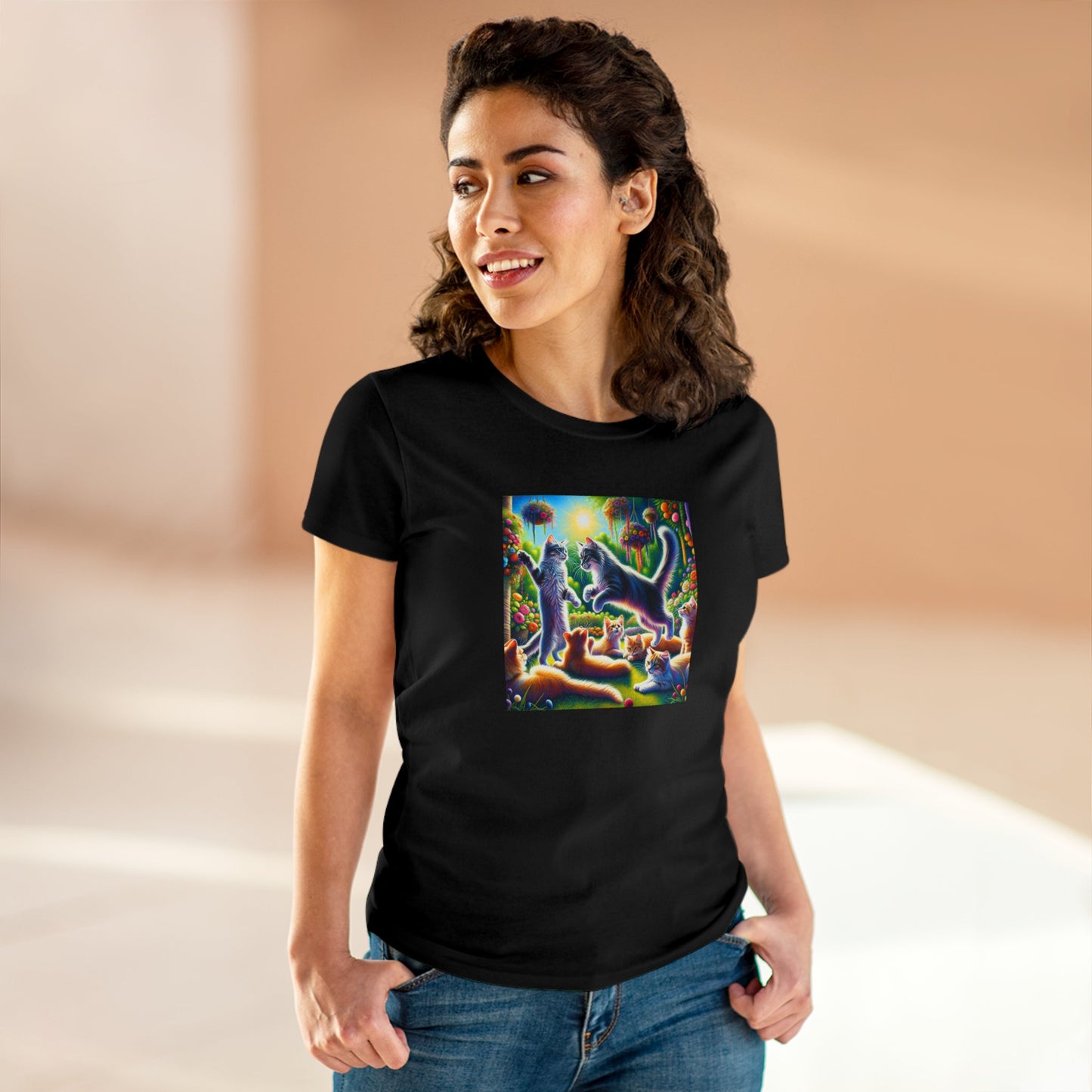 Cats playing, oil pastel, Women's Midweight Cotton Tee