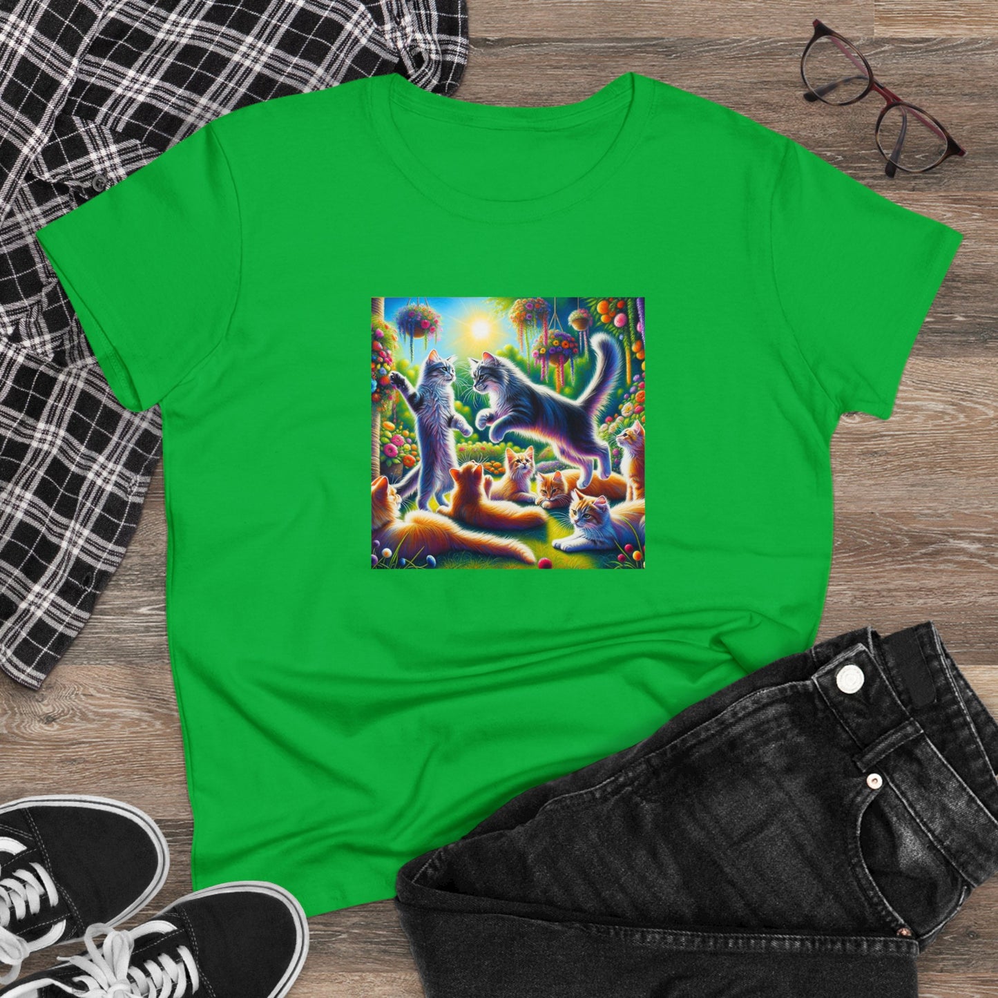 Cats playing, oil pastel, Women's Midweight Cotton Tee