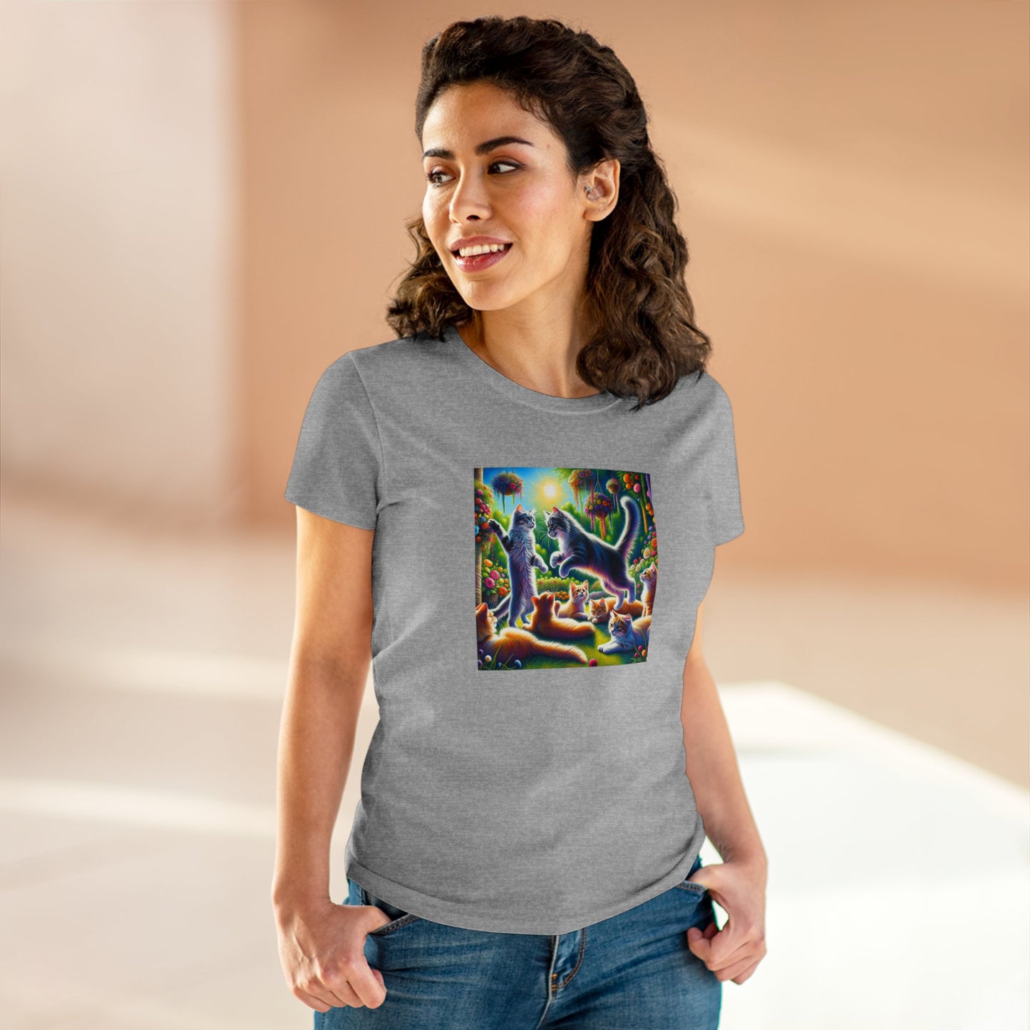 Cats playing, oil pastel, Women's Midweight Cotton Tee