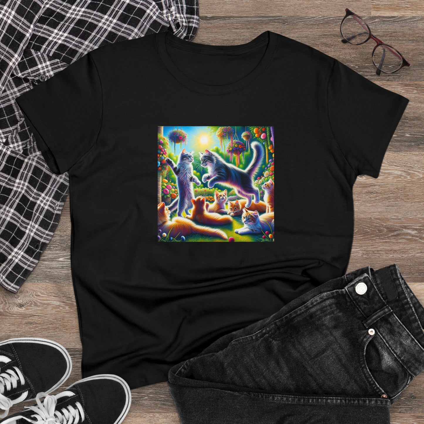 Cats playing, oil pastel, Women's Midweight Cotton Tee