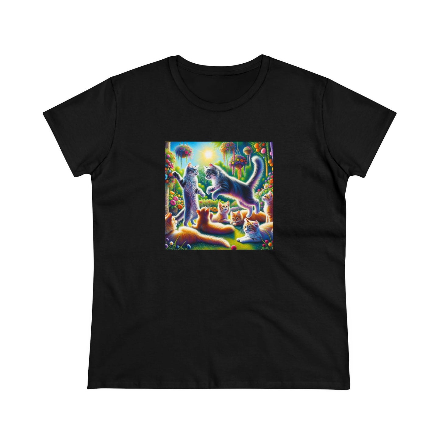 Cats playing, oil pastel, Women's Midweight Cotton Tee