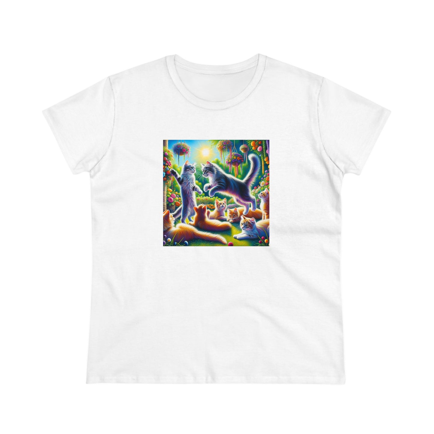 Cats playing, oil pastel, Women's Midweight Cotton Tee