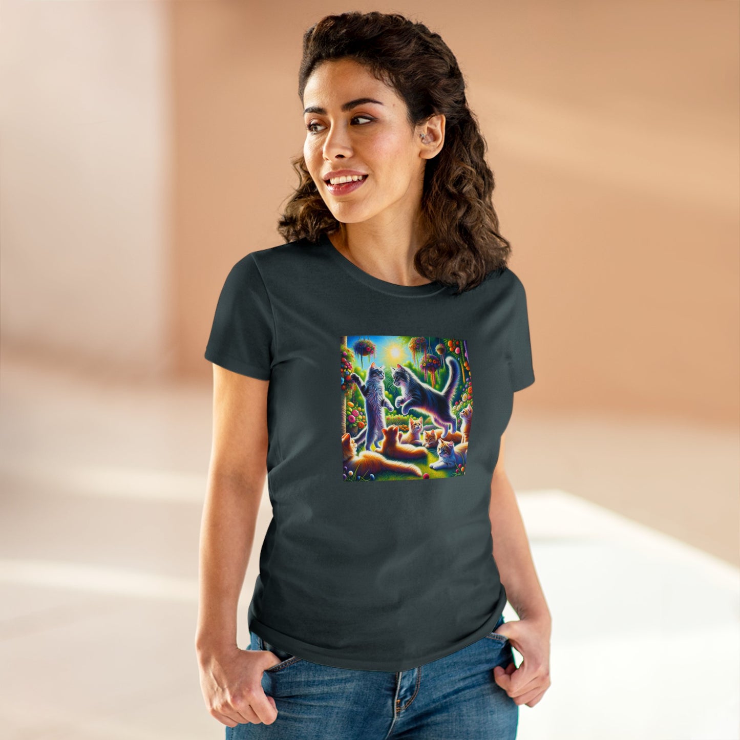 Cats playing, oil pastel, Women's Midweight Cotton Tee
