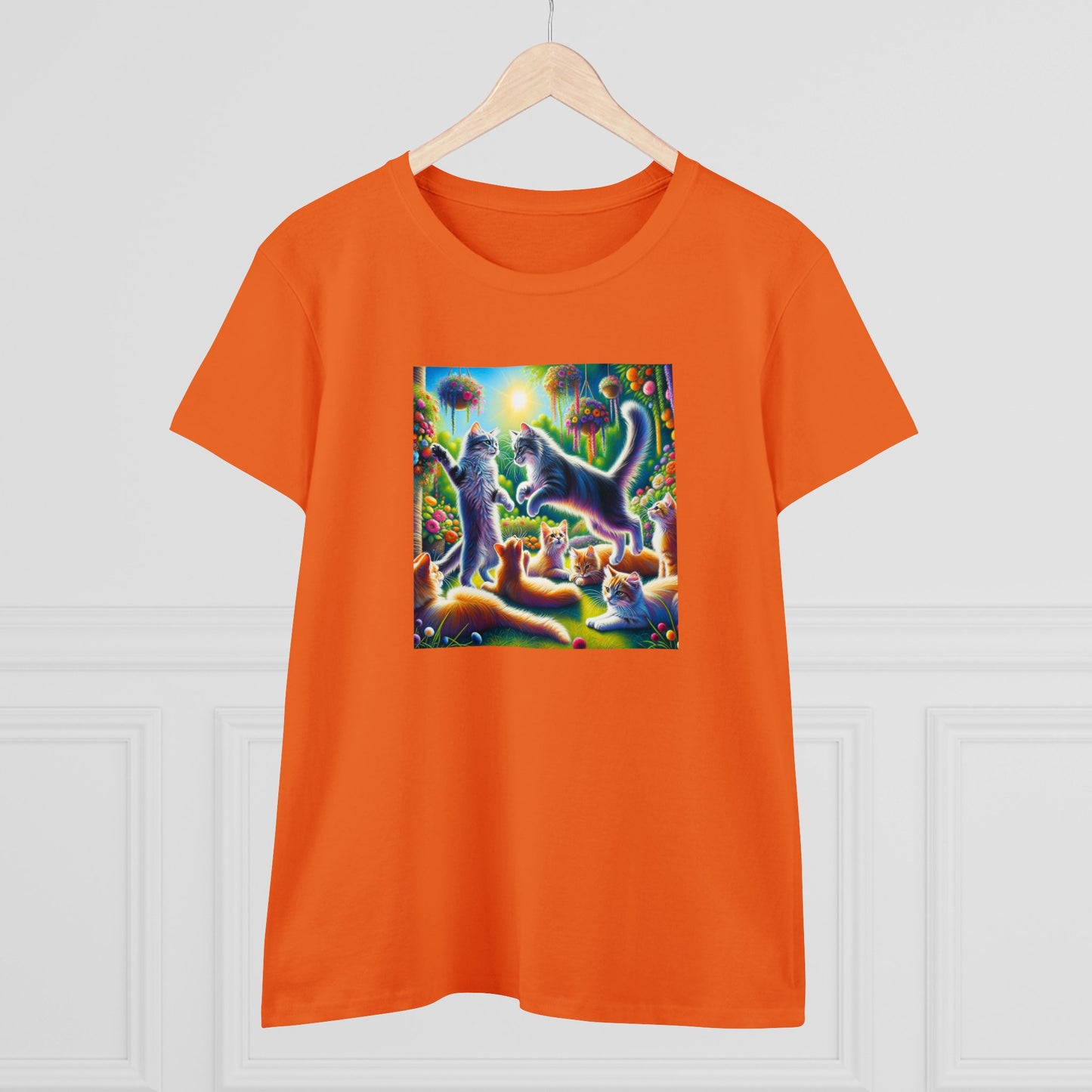Cats playing, oil pastel, Women's Midweight Cotton Tee