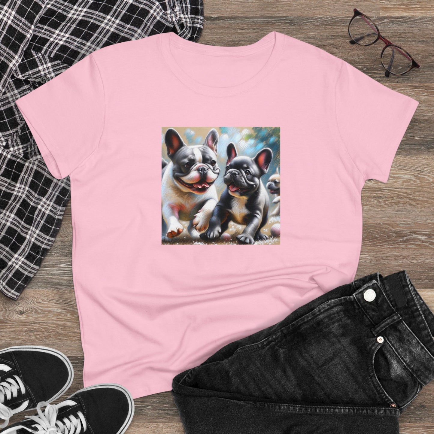 Frenchies, oil pastel, Women's Midweight Cotton Tee