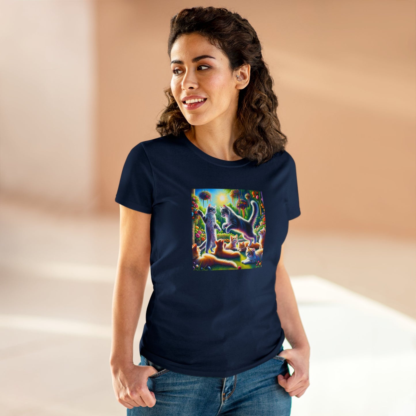 Cats playing, oil pastel, Women's Midweight Cotton Tee