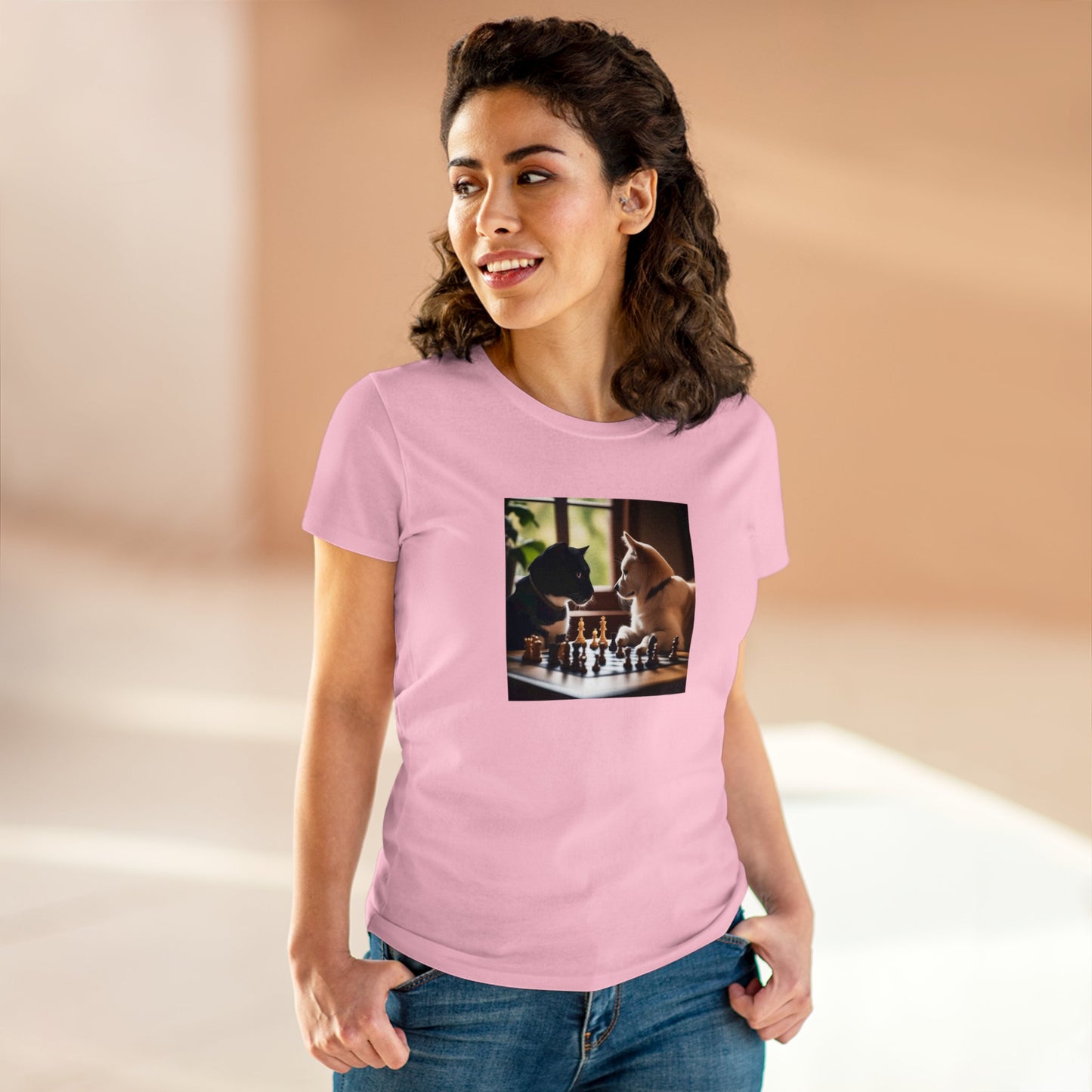 Cat and dog playing chess, Women's Midweight Cotton Tee