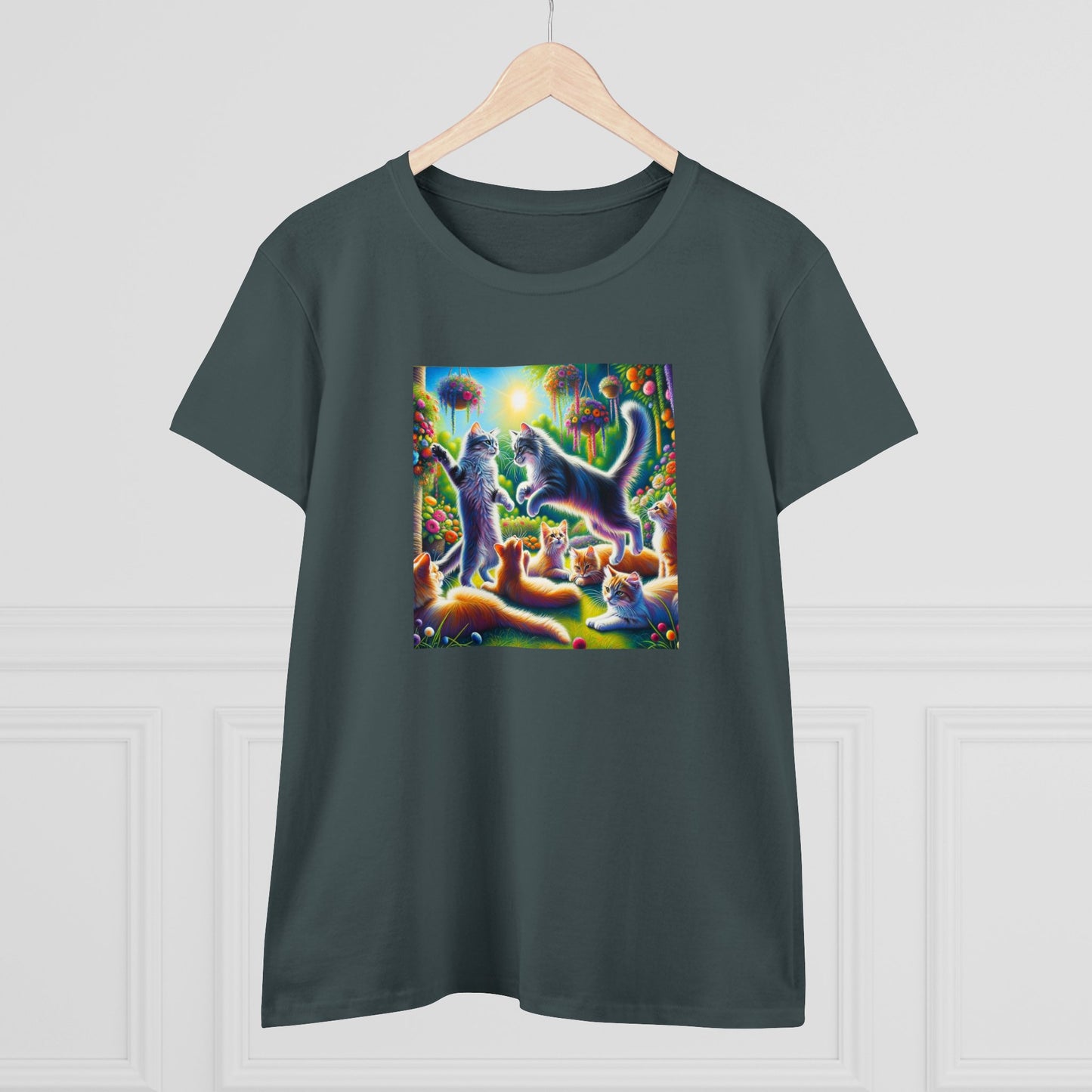 Cats playing, oil pastel, Women's Midweight Cotton Tee