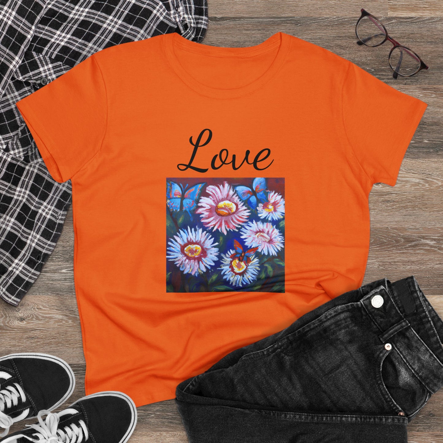 Love, flowers, oil pastel, Women's Midweight Cotton Tee