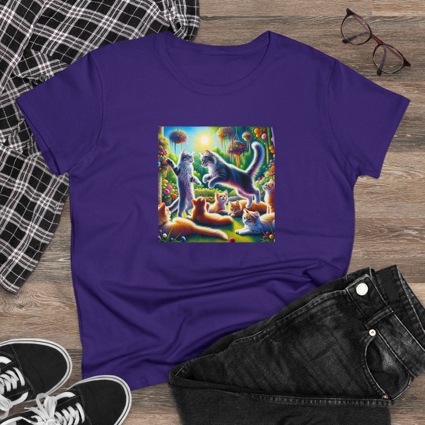 Cats playing, oil pastel, Women's Midweight Cotton Tee